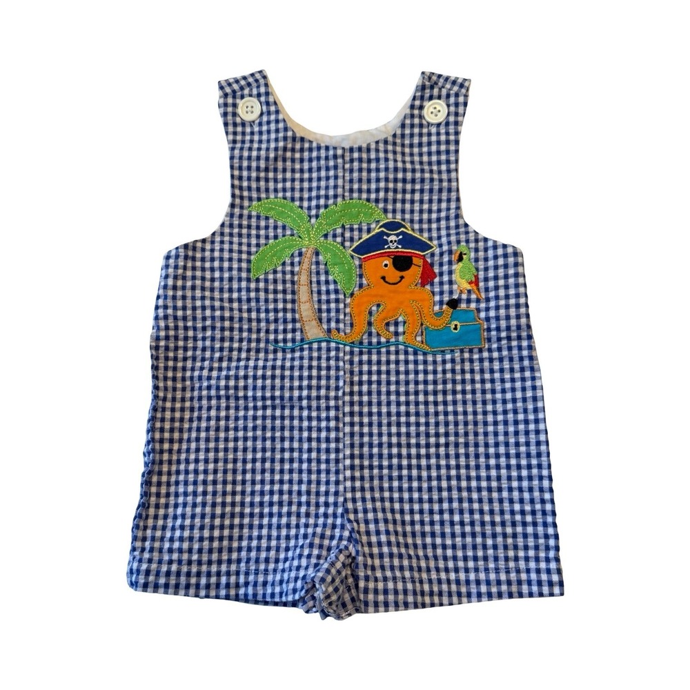 Good Lad 0/3M Blue Gingham Pirate Octopus Jon Jon Romper